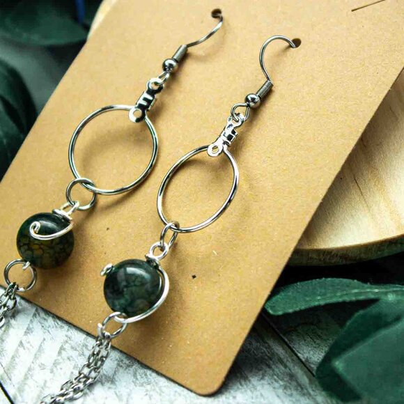 Emerald Green Agate Bead Dangle Earrings with Stainless Steel Chain - Picture 6 of 8